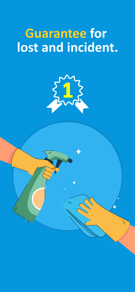 OKHOME - OKHOME-App-Bildschirm, der eine Garantie für verlorene Gegenstände und Vorfälle mit einer Illustration von Reinigungshänden zeigt