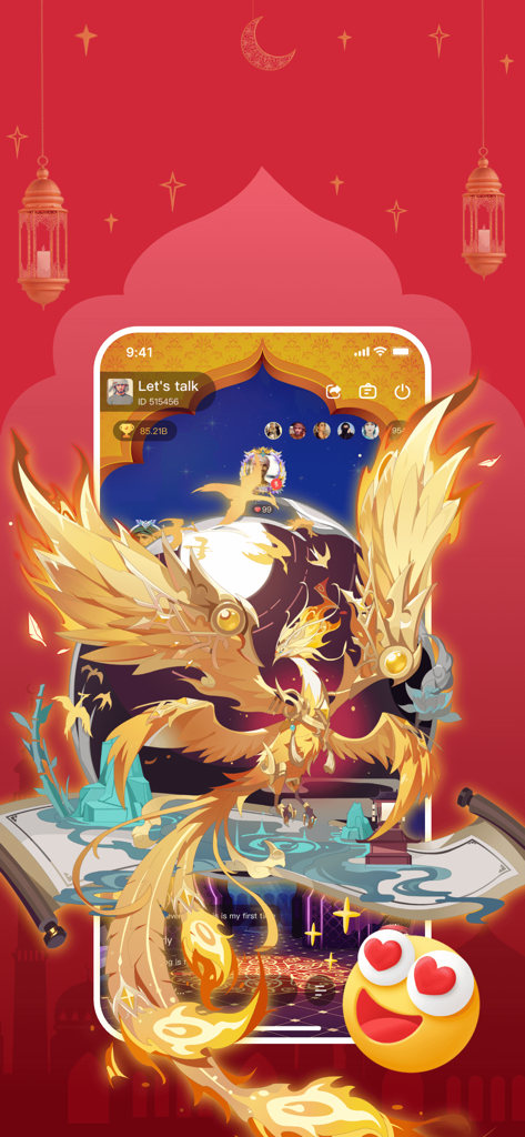 HiCat Chat - Aplicativo móvel HiCat Chat mostrando uma sala de festa de chat por voz com uma fênix dourada decorativa