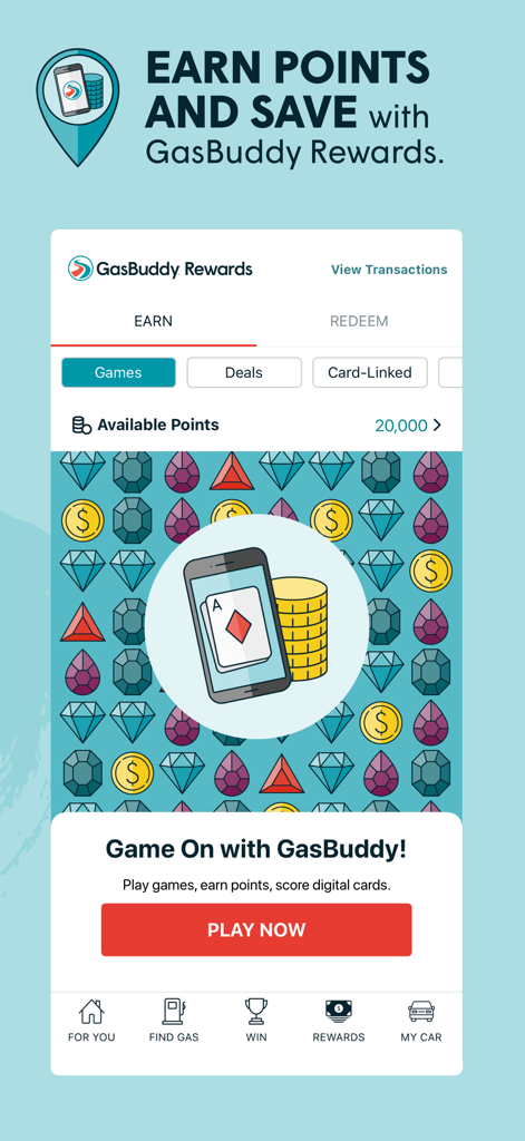 Tela de recompensas do aplicativo GasBuddy mostrando opções para jogar e ganhar pontos para economizar em combustível.