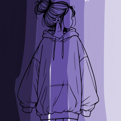 realistic girl with a oversized sweatshirt on and a bun