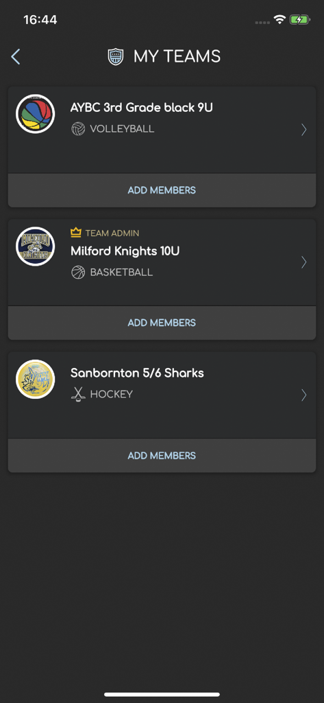 My Teams screen in the Pixellot You app showing a list of youth sports teams for volleyball basketball and hockey