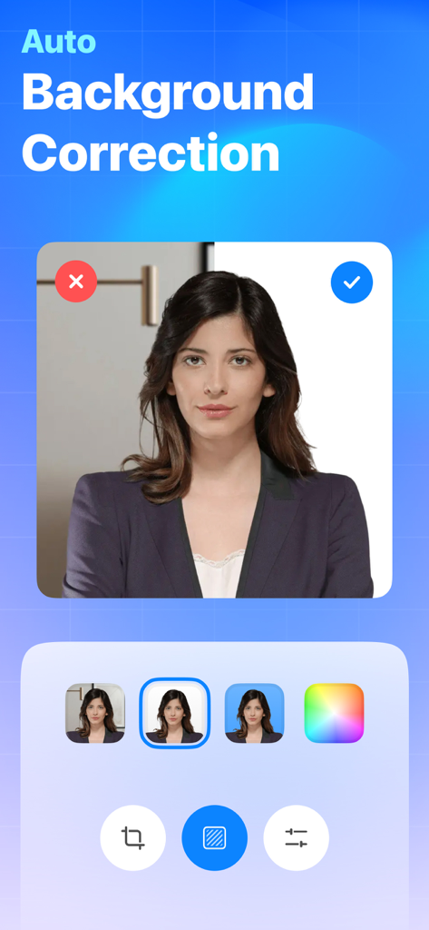 Passport Photo: ID Photo - A screenshot showing the auto background correction feature of a passport photo app changing a messy background to a professional white one.