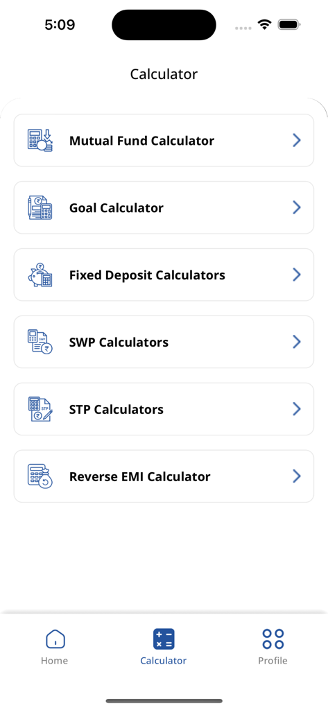 BG Investment - BG Investment app calculator menu showing mutual fund goal and deposit calculators