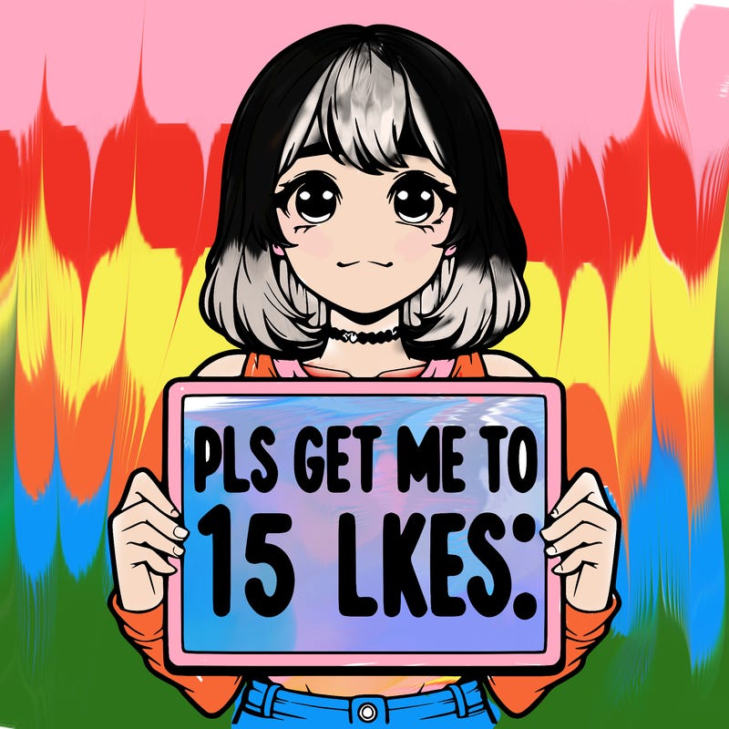 realistic girl holding up a sign that says “pls get me to 15 likes!”