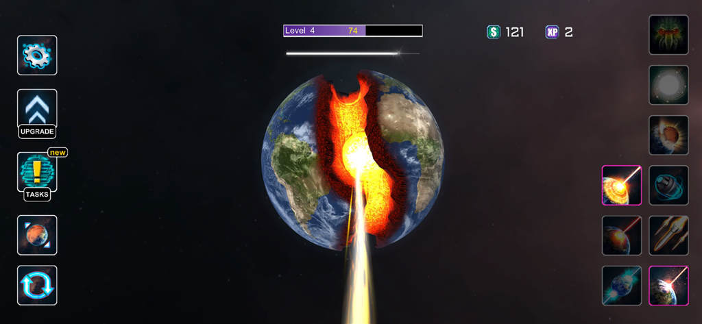 Planet Smash Destruction Games - Earth being split in half by a powerful laser in the Planet Smash destruction simulator game