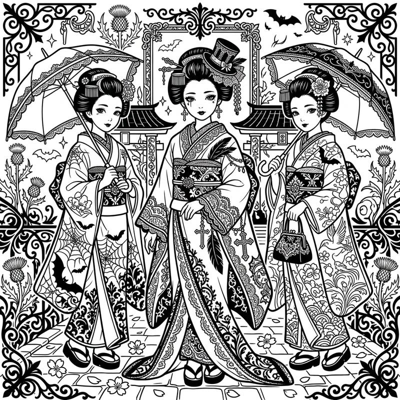 Dive into a captivating world where traditional Japanese elegance meets gothic allure with this unique maiko coloring page. Explore intricate details, from Victorian lace to subtle dark motifs, as you bring these mysterious figures to life.