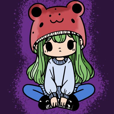 a girl wearing a frog hat and some frog socks