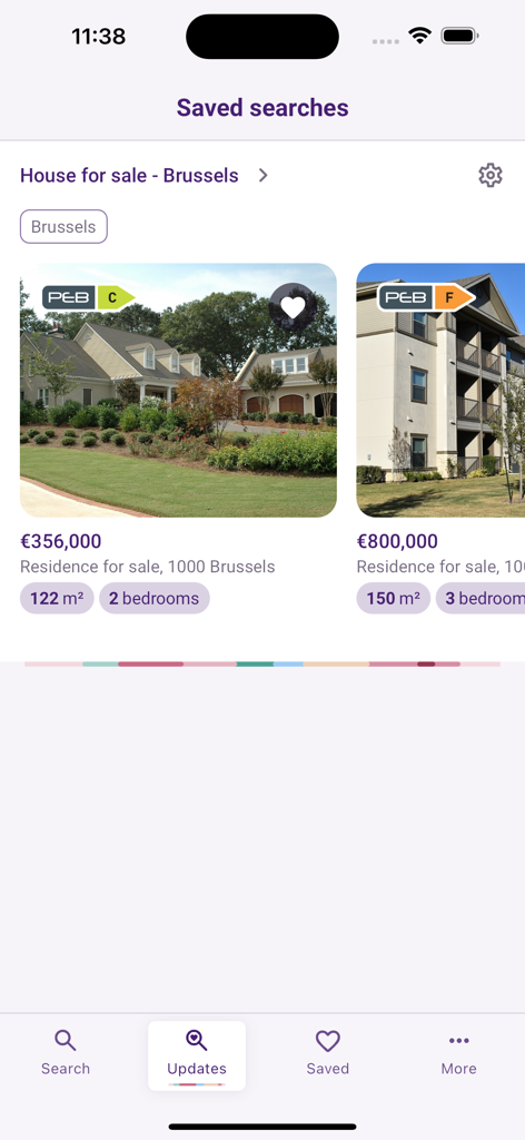 Immovlan - Immovlan mobile app showing a list of saved house searches in Brussels with prices and property details