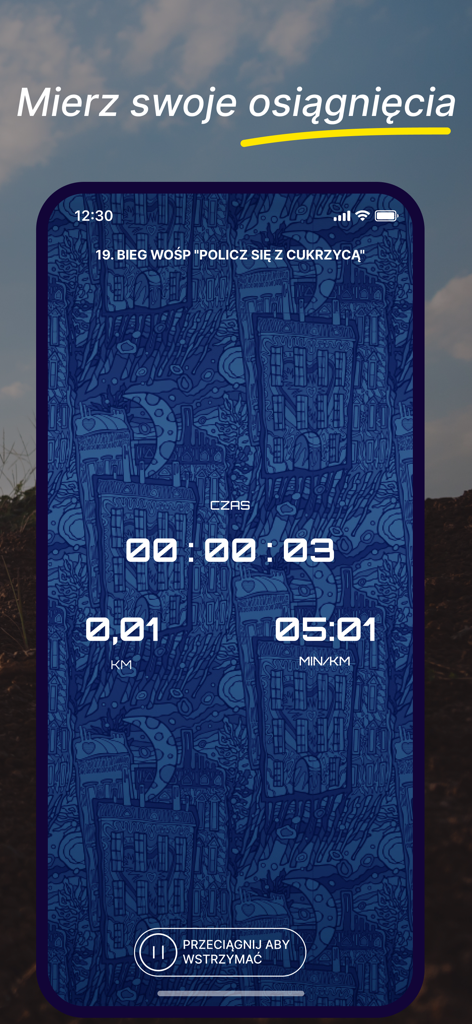 B4SPORT app interface showing real-time tracking for a sports event with distance and pace data
