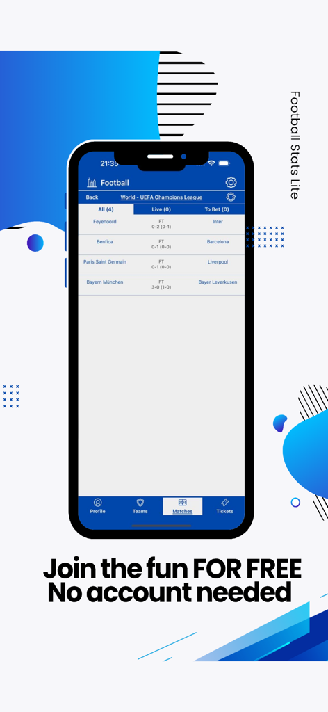 Football Stats Lite - Football Stats Lite app interface showing UEFA Champions League match results with a promotional message stating no account is needed.