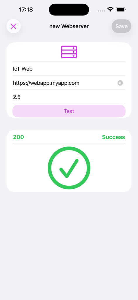 WebServerMonitor app interface showing a successful connection test for a new web server configuration with a green checkmark
