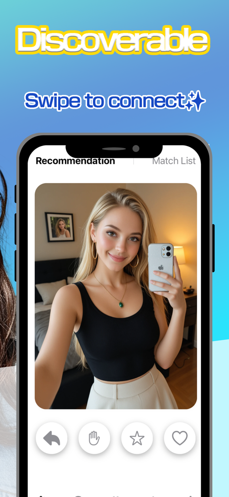 BAMEL Swipe & Live Video Chat - BAMEL 앱 인터페이스, 사용자 프로필 및 연결을 위한 스와이프 기능 표시.