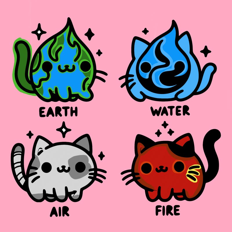 4 cats that represent the different elements, earth, water, air, and fire