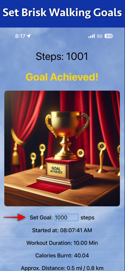Brisk Walking Tracker - Brisk Walking Tracker app screen displaying a goal achieved message with a golden trophy and walking statistics.
