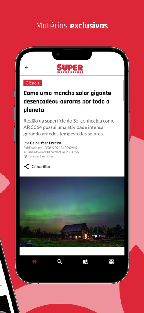 SUPERINTERESSANTE - iPhone screen displaying a science article about sunspots and auroras within the Superinteressante app.