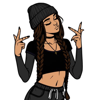 realistic teenage girl with braids and a beanie and crop top doing 🫶🏼