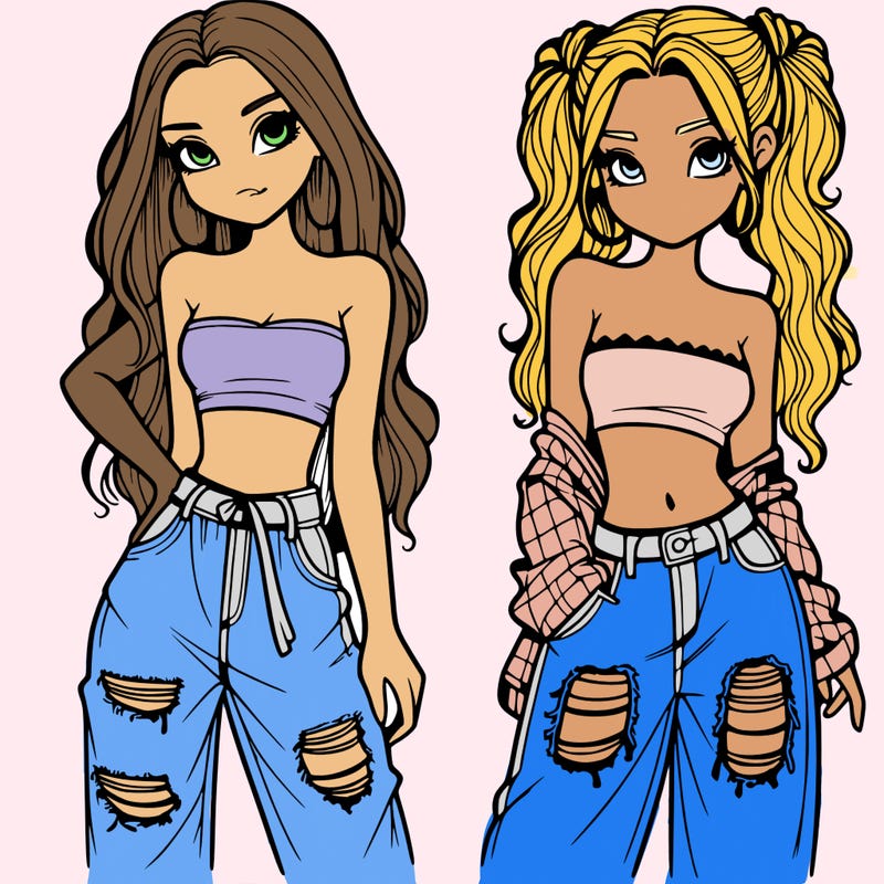 2 girls in crop tops and baggy jeans ripped