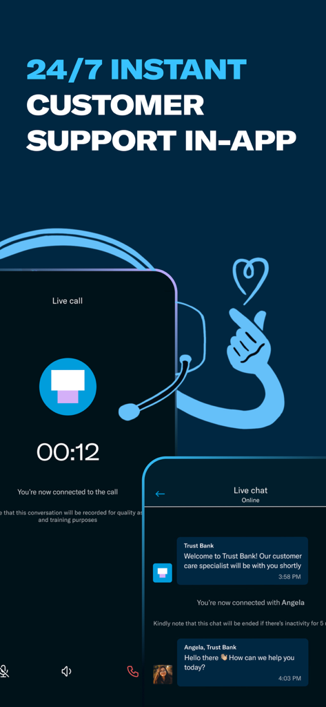 Trust Bank SG - 24/7 instant customer support interface in the Trust Bank SG app showing live call and live chat options.