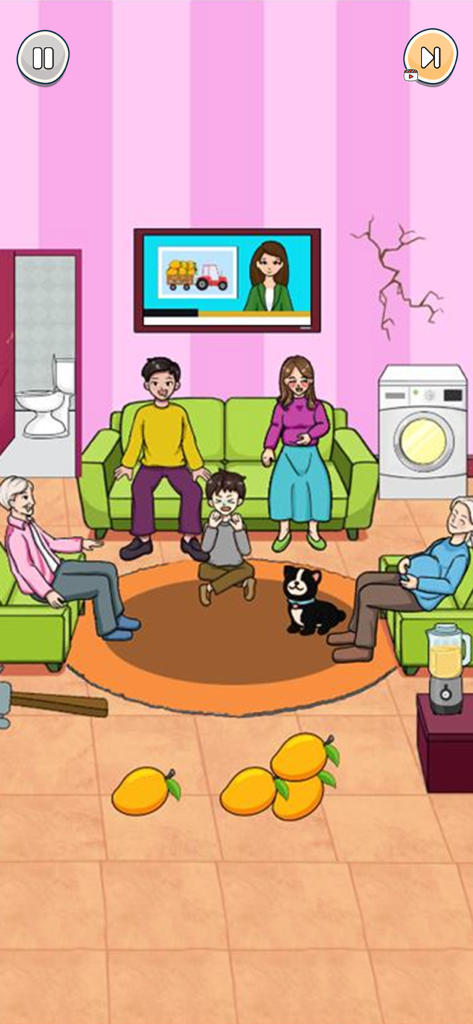 Prank Puzzle Tricky Party - A cartoon family sitting in a living room with scattered mangoes in a tricky puzzle game level.