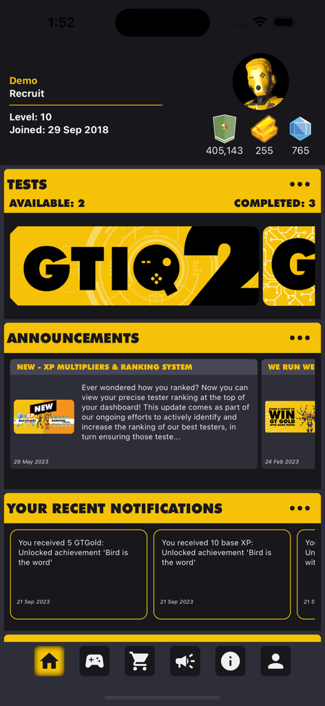 Game Tester App - Dashboard dell'app Game Tester che mostra il livello utente, i test disponibili, gli annunci e le notifiche recenti