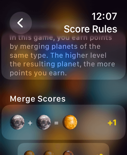 Merge Sun Master for watch - Score rules screen in Merge Sun Master for Apple Watch showing how merging identical planets earns points
