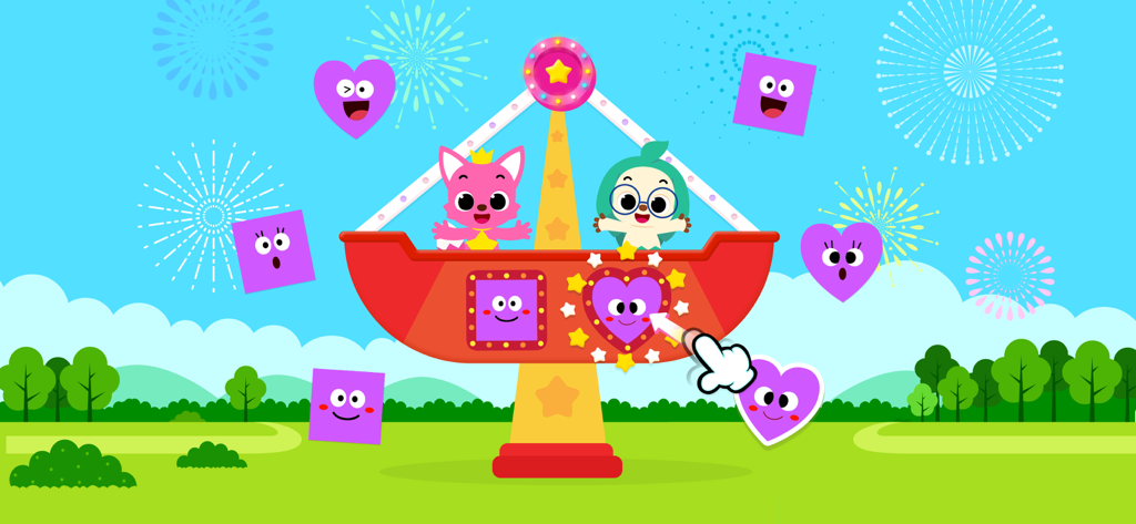 Pinkfong Shapes & Colors - Pinkfong and Hogi on a heart and square themed amusement park ride with interactive shape matching.