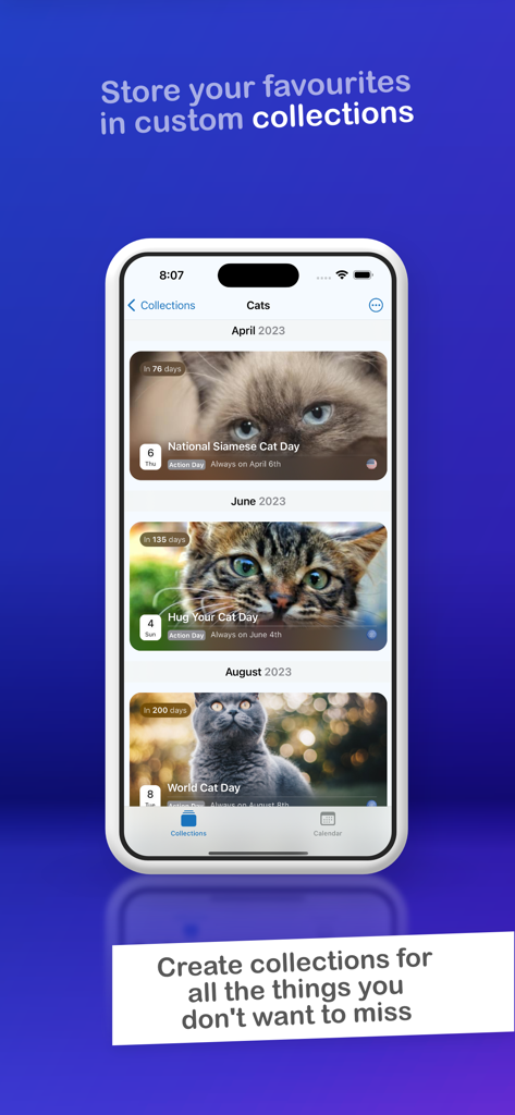 And Today Is - iPhone screenshot of the And Today Is app showing a custom collection of cat related holidays like National Siamese Cat Day