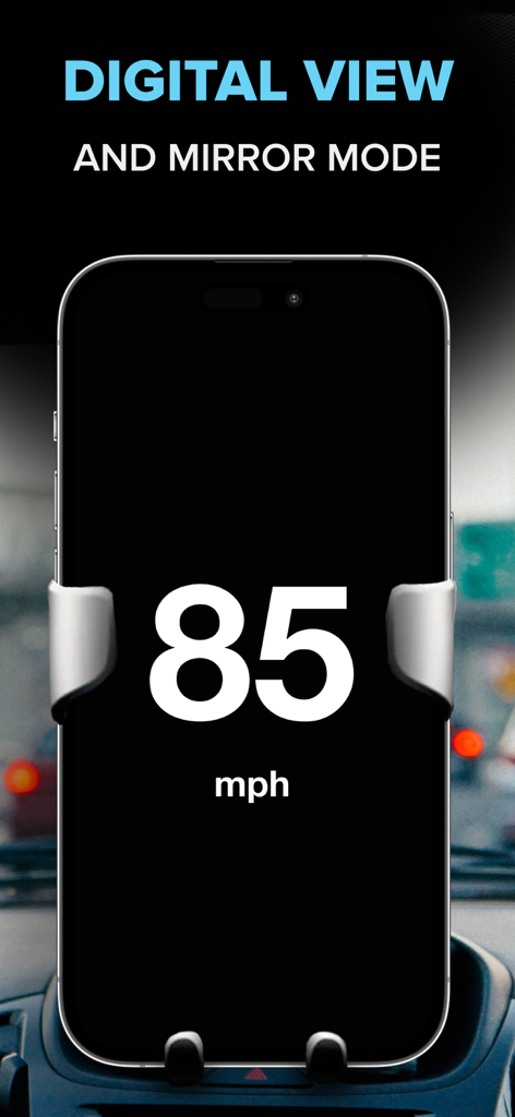 Speedometer GPS: Speed Tracker - A phone in a car mount displaying a digital speedometer at 85 mph in mirror mode