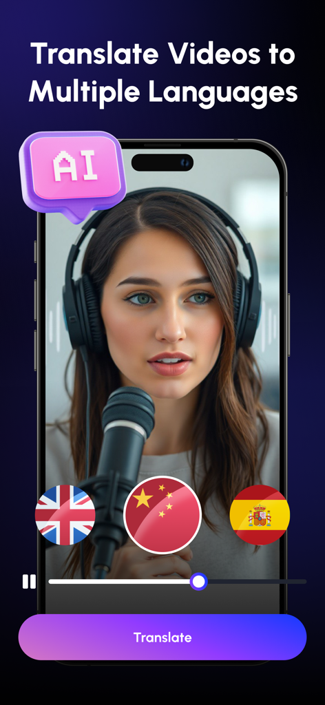 Dub AI – Video Translator App - Uma mulher usando o aplicativo Dub AI para traduzir seu vídeo para vários idiomas indicados pelas bandeiras do Reino Unido, China e Espanha.