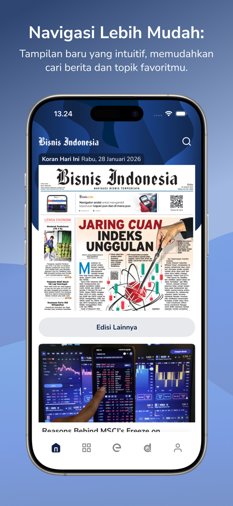 Bisnis Indonesia E-Paper mobile app interface showing the daily newspaper cover and financial market news sections.