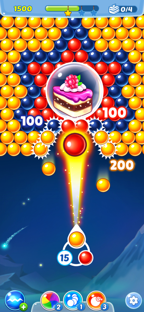 Gameplay of Bubble Shooter Pastry Pop showing colorful bubbles and a cake dessert.