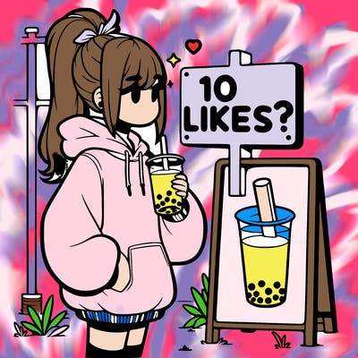 girl with oversized hoodie drinking boba and she has a high ponytail with a sign that says 10likes?