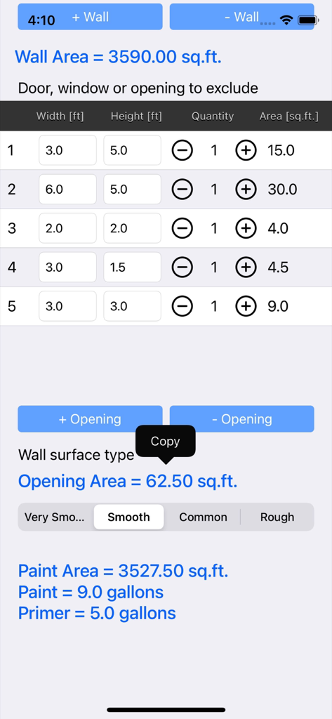 Paint Calculator Plus interface showing total wall area and estimated gallons of paint and primer needed
