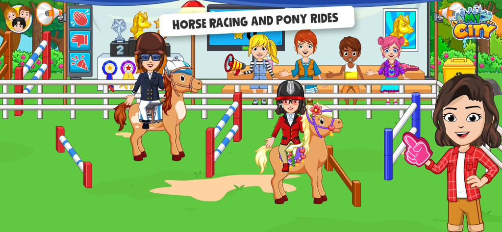 Characters riding horses in a competition arena with spectators in the background