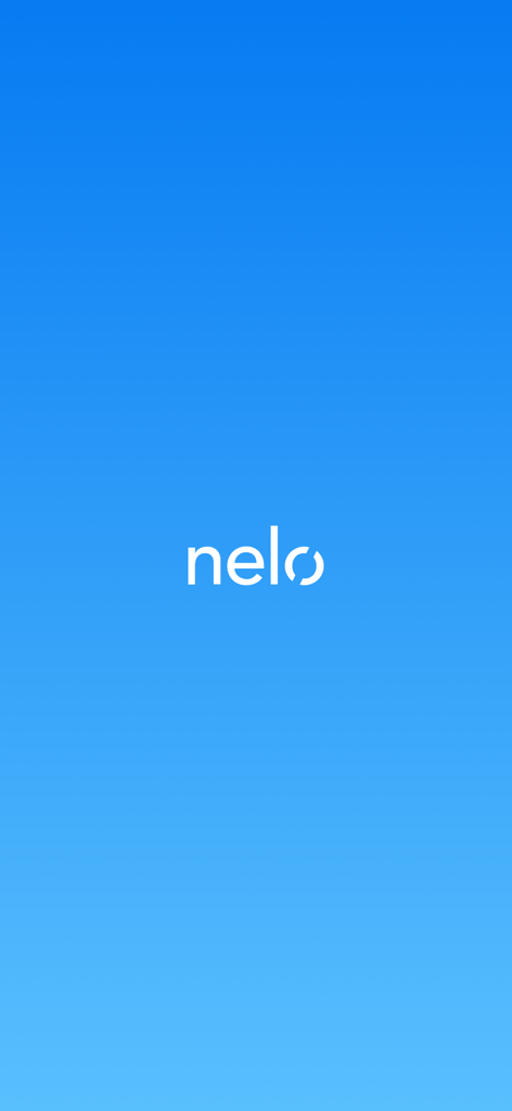 White Nelo logo on a blue gradient background splash screen