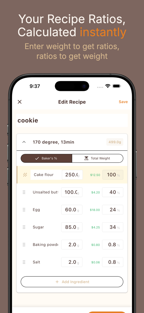 Bake Master: Baking Calculator - Bake Master App-Oberfläche mit einem Keksrezept, Zutatenmengen und Bäckerprozenten