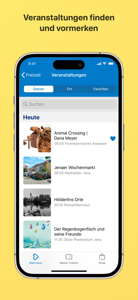 MeinJena ... meine App. - Screenshot of the MeinJena app showing a list of local events and activities in Jena