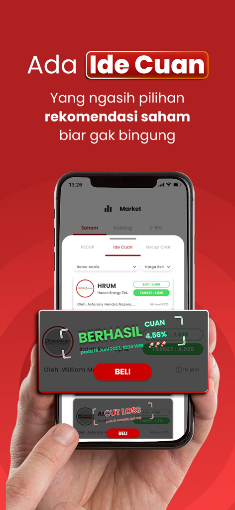 Saham Rakyat - Smartphone screen showing the Saham Rakyat app feature for stock recommendations and profit tracking.
