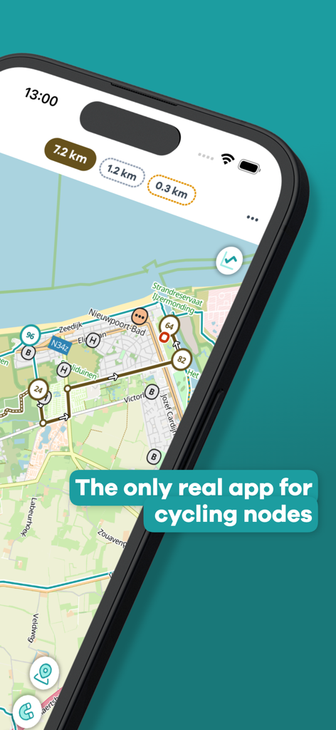 NodeMapp Bike - iPhone screen displaying the NodeMapp Bike app map with cycling nodes and route planning features