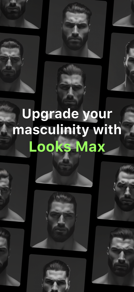 남성적인 얼굴 윤곽 격자 이미지와 '당신의 남성성을 업그레이드하세요'라는 텍스트