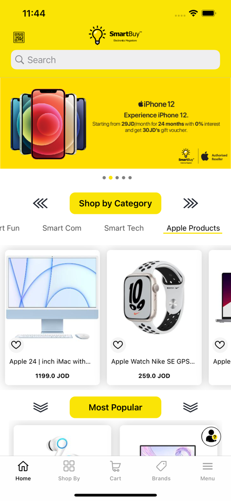SmartBuy Electronics mobile app home screen showcasing Apple products and promotional banners.