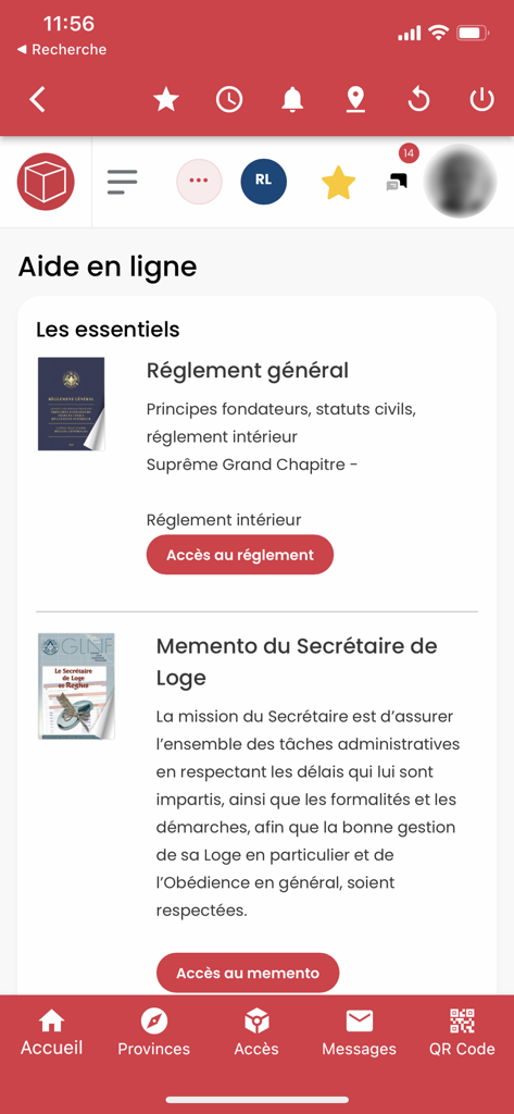 EgRegius - Interface d'aide en ligne de l'application EgRegius montrant des documents et règlements maçonniques