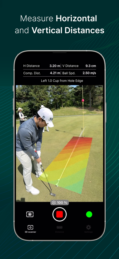 PerfectLine: Putting Guide - 그린에서의 AR 골프 퍼팅 가이드와 거리 데이터를 보여주는 PerfectLine 앱 인터페이스