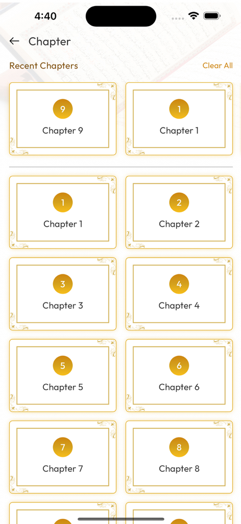 The Quran GPT - The Quran GPT mobile app interface showing a grid of numbered chapters and a section for recently read chapters