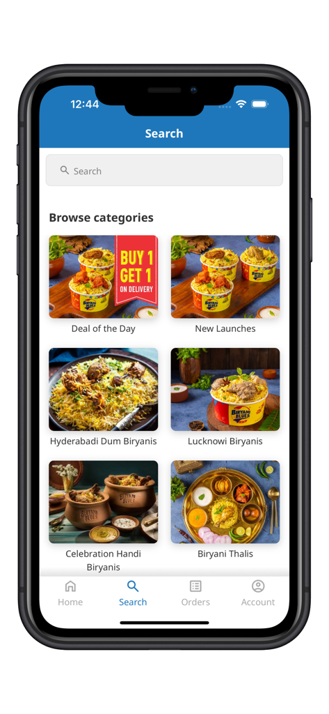 Biryani Blues Order Online - Biryani Blues app search screen displaying food categories and special BOGO deals