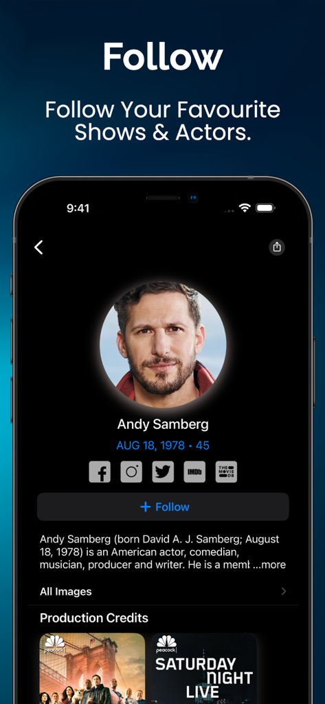 Originals for Peacock TV - Captura de pantalla de la aplicación Originals para Peacock TV que muestra el perfil del actor Andy Samberg con un botón de seguir y créditos de producción