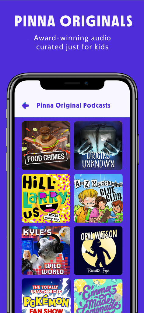 Pinna: Audio stories for kids - Pinna app screen displaying a selection of original audio podcasts for children including Food Crimes and A to Z Mysteries