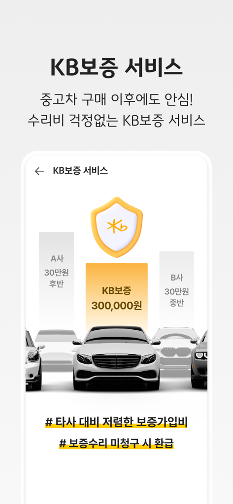 KB차차차 - 중고차 매물대수 1위 - 가격 비교 차트와 함께 중고차용 KB보증 서비스를 보여주는 KB차차차 모바일 앱 화면