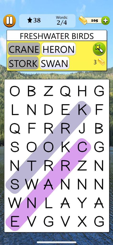 Word Search - Word Game - 신선한 물새 카테고리 아래 두루미와 백조가 강조 표시된 그리드를 보여주는 단어 검색 게임 플레이.