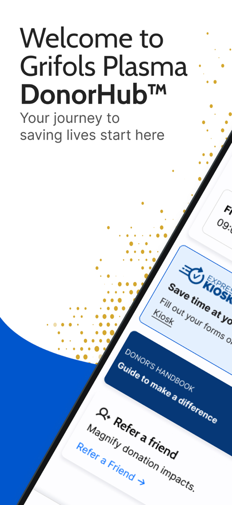 Welcome screen of the Grifols Plasma Donor Hub app featuring links to donor resources and referral rewards.